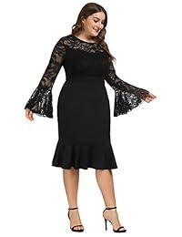 Hanna Nikole vestido de sirena de fiesta de cóctel con mangas acampanadas y encaje, talla grande