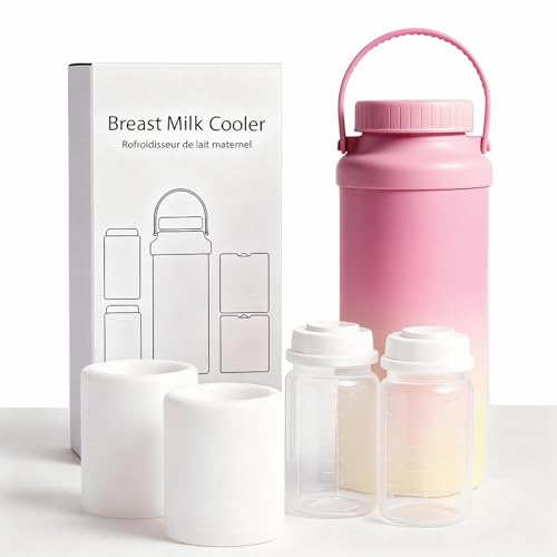 MOOWSKI Enfriador de Leche Materna Portatil 22OZ [Mantiene Fría por Más de 24 Horas] Termo para leche materna con 2 Botellas de 300ml, Sin BPA Botellas para Viajes y Exteriores - Enfriador de Leche Materna de Acero Inoxidable Rosa–Amarillo