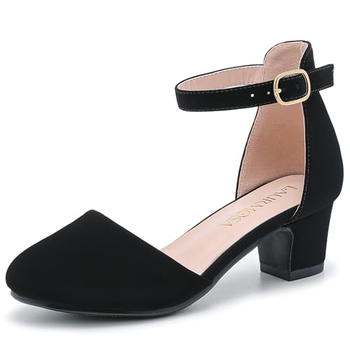 LAURMOSA Girls Dress Shoes Closed Toe Chunky High Heels Ankle Strap Wedding Party Pump Shoes