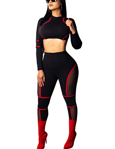 BORIFLORS Women's Sexy 2 Piece Outfits Club Jumpsuit Long Sleeve Crop Top and Pants Set,Small,Red
