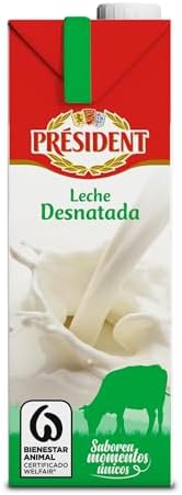 - Leche Président Desnatada, Leche Natural de Galicia, Fuente de Calcio y Proteínas, Sin Gluten, Bienestar Animal, Pack 6 x 1 L