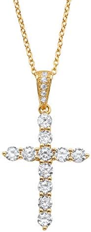 14K Yellow Gold Over Sterling Silver Round Cubic Zirconia Cross Pendant (17mm) with 18 inch Chain
