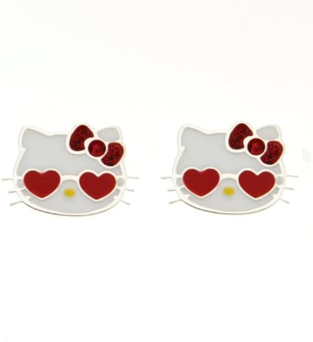 Hello Kitty Silver Tone Head &amp; Enamel Heart Sunglasses Stud Earrings