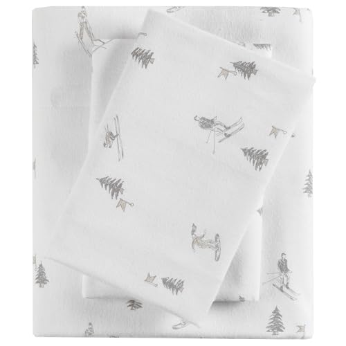 SLEEP PHILOSOPHY True North Flannel Sheets Queen Size, Cozy 100% Cotton Flannel Bed Sheets, Ultra Soft Cute Sheet Set, Elastic Pocket Fits Up to 14 Mattress, Skiiers 4 Piece