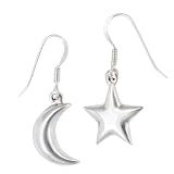 .925 Sterling Silver Puffed Star and Crescent Moon Dangle Earrings