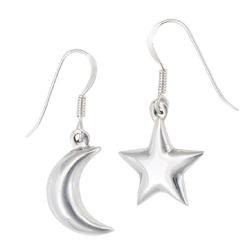 .925 Sterling Silver Puffed Star and Crescent Moon Dangle Earrings
