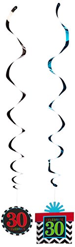 Must-Have Chevron and Stripes 30th Birthday Party Hanging Swirl Ceiling Decoration, Pack of 12, Multi , 9.6