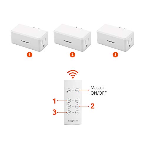 Link2Home Wireless Remote Control Outlet Light Switch, 100 ft range, Unlimited Connections. Compact Side Plug. Switch ON/OFF Household Appliances. FCC CSA Certified, White (3 Outlets, 1 Remote).
