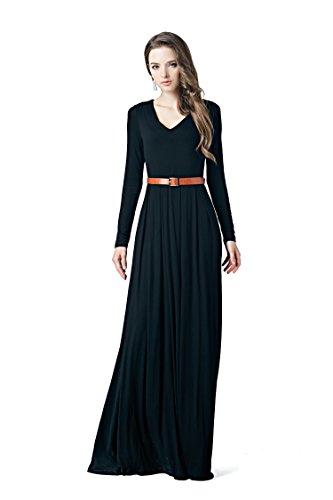 v neck long sleeve belted maxi dress
