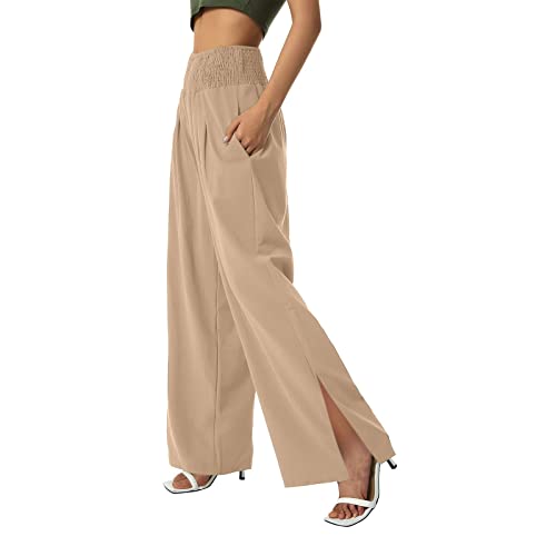 KICILVS Wide Leg Linen Pants for Women High Waisted Palazzo Pant Flowy Summer Beach Pants with Pockets Loose Fit Trousers Beige