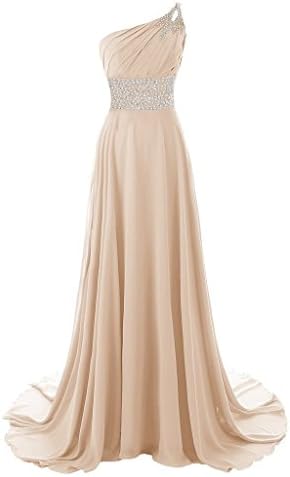 Oumans Women's One-Shoulder Solid Sleeveless Long Gown Dress, Champagne, 12