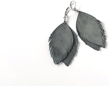 Suede leather feather earrings in pigeon grey.