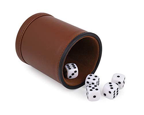 DS. DISTINCTIVE STYLE Dice Cup with 5 Pieces Dot Dices PU Leather Shaker Cup Quiet Dice Shaker for Playing Dice Games - Brown