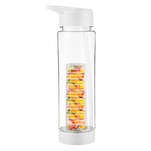 Fullwei Fruit Infuser Water Bottle 24oz Fruit Cup With Straw Lid and Full Length Infusion Basket for Fitness and Home, Flip Lid - Leak Proof and Durable (white)