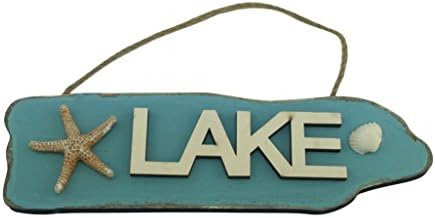 Wooden Lake Sign with Starfish and Shell - 9.5 Inches Long