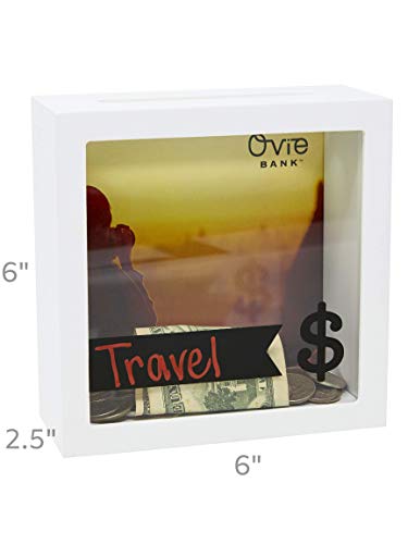 OVIE Adult Piggy Bank $ - Shadow Box with Wood Frame - Keep in Kitchen to Track Vacation/Honeymoon/Wedding/Adventure Funds - 6X6 Frames - Clear Glass/Picture Background/Colored Markers