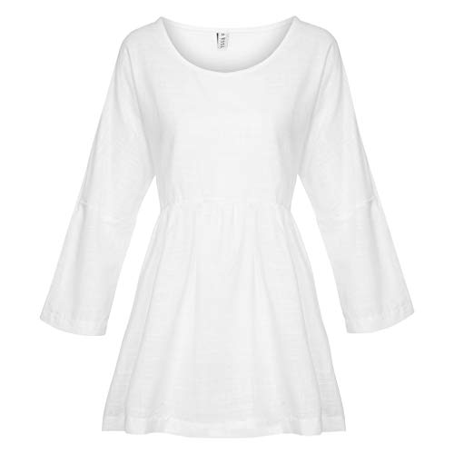 Alangbudu Women Cotton Linen High Waisted Swing Flare Hem Pullover Loose Blouse Long Sleeve Shirt Casual Tops Leggings White