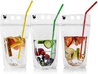 Drink pouches with straws Disposable Smoothie bags Portable Hot & Cold Reusable Set of 50pcs Empty Plastic Clear Refillable Container for Drinks Juice Pouch Bags + Ebook