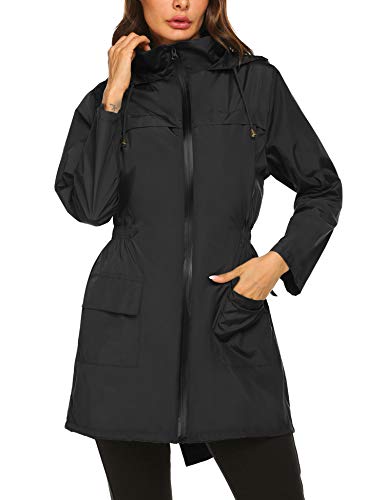 Besshopie Women Raincoat with Hood Waterproof Lightweight Quick Dry Rain Jackets Black