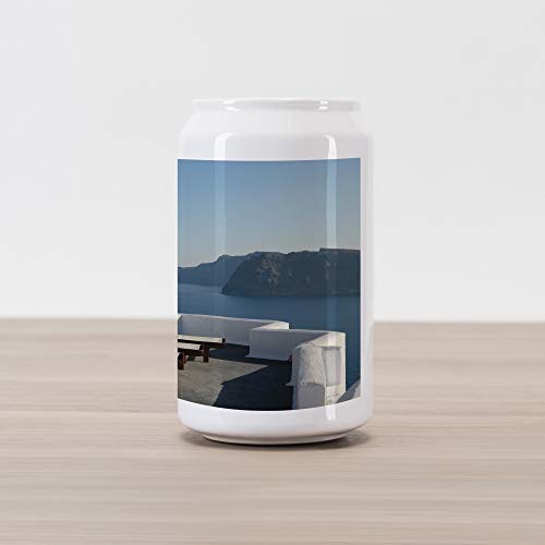 Lunarable Travel Cola Can Shape Piggy Bank, Sunlounger at Terrace in Santorini Greece Resort Relaxation Aegean Print, Ceramic Cola Shaped Coin Box Money Bank for Cash Saving, Pale Blue White Brown