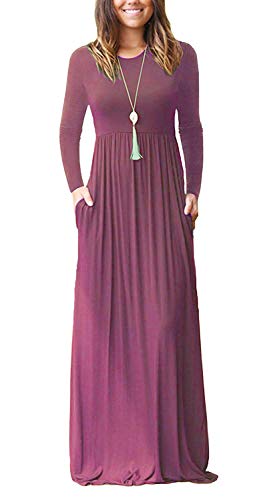 AUSELILY Women Long Sleeve Loose Plain Maxi Dresses Casual Long Dresses with Pockets (L, Mauve2)