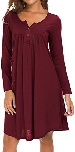 Eanklosco Womens V Neck Dress Casual Swing Simple Ruffle Button up Loose Dresses Long Sleeve