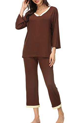 Invug Women 3/4 Long Sleeve Shirt Pants Set Sleepwear V Neck Long Pajamas Loungewear Coffee S - Thumbnail 4