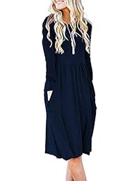 AUSELIA Vestido de mujer de manga larga con bolsillos en la cintura, plisado, suelto, casual, acampanado