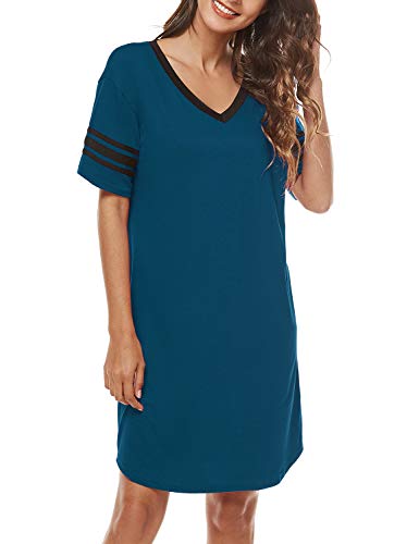 Womens Nightgown V Neck Night Shirts Casual Loose Sleep Dress Loungewear Blue M