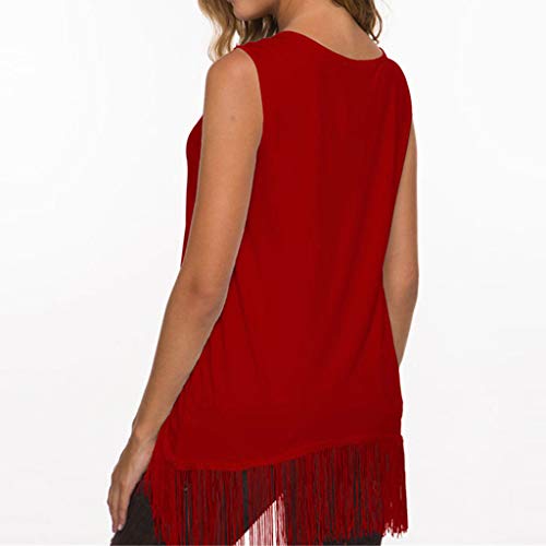 Cute Tops for Women,YEZIJIN Women's O-Neck Solid Sleeveless Tassel Hem Loose Tops Blouse Red - Thumbnail 3