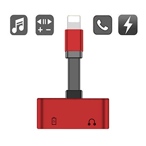 Dual Adapter Splitter for Apple iPhone 7/7 Plus/ 8/8 Plus/X (10), Labobbon 4-in-1 Connector for Audio/Headphone and Charger, Remote Control & Phone Call Supported, Red