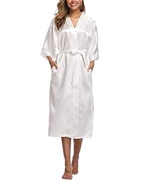 Womens Pure Color Long Satin Bathrobe Kimono Nightgown Long Dress Gown