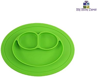 Silicone Happy Face Shape Place Mat for Kids Children Toddlers Babies Highchair Feeding Tray Kitchen Dining Table with Built in Plate 3 Sections Compartment Portable Non Slip Surface
