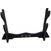 Sword Stand 2 Tier, Black Wood Katana Wakizashi Display with Kanji Detail | Two-tier matte black tabletop stand for daisho display - kanji detail and red felt accents for study or collection room