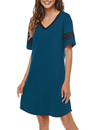 Womens Nightgown V Neck Night Shirts Casual Loose Sleep Dress Loungewear Blue M