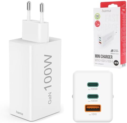 | Cargador rápido de Pared Universal. (Tecnología GAN 100w, 2X USB c Power Delivery, 1x USB a Quick Charge, Carga simultánea 3 Dispositivos) Blanco.