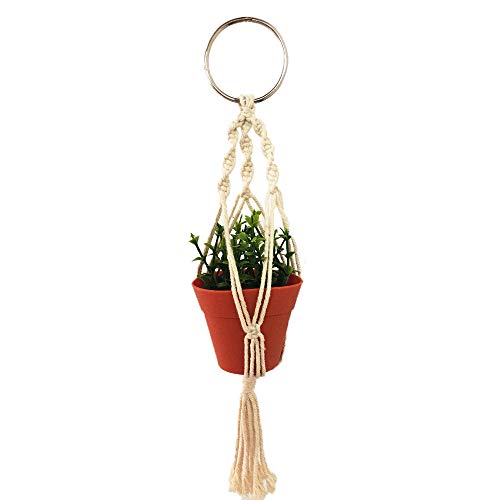 Macrame Plant Hanger Car Charm,Mini Car Rear ViewPlant Holder with Pot and Plant,Car Ornament Air Plant Holder - Hanging Planter Cotton Rope 13 Inch