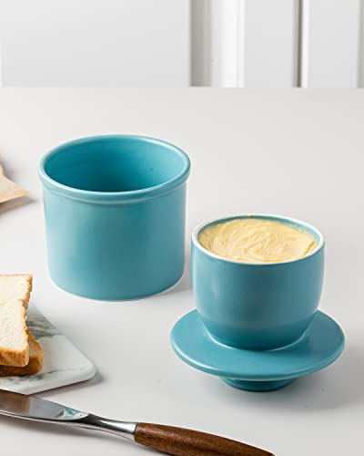XELA Porcelain Butter Keeper Crock, French Butter Crock for Counter, Butter Keeper With Water Line for Fresh Spreadable Butter-Wax Blue