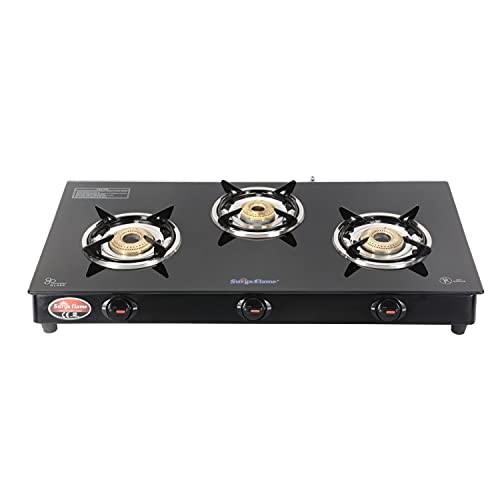 Surya Flame Crystal 3 Burner Toughened Glass Top Gas Stove Manual Ignition Comes with 3 Brass Burners & Pan Support with…