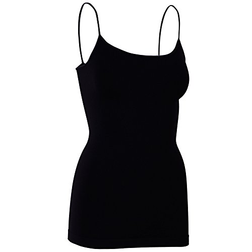 Womens Soft Stretchy Solid Color Essential Spaghetti Strap Long Tank Top Cami Black