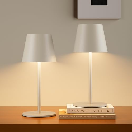 lundwa Dimmable LED Battery Table Lamp Beige 26 cm, 5000 mAh (5 V 2 A) Camping Lamp Battery Rechargeable, 3 W 3000 K Table Lamp Wireless, IP54 Outdoor Table Lamp for Restaurant, Bedroom, Garden, Office (Pack of 2)