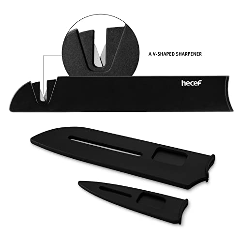 hecef 3 Pieces Kitchen Knife Set with 2 Cutting Boards & 3 Protective Sheaths, Non-Stick Black Knife Set with Sharpener Cover, Cutting Boards and Chef Knives for Kitchen, Dorm, Travel