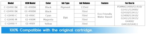 NexNova® Ink 490 Compatible with Canon 4-Pack Black, Cyan, Magenta, Yellow for PIXMA G3400 G2400 G1400 G4400 G1411 G2411 G3411 G4411 G4410 G3410