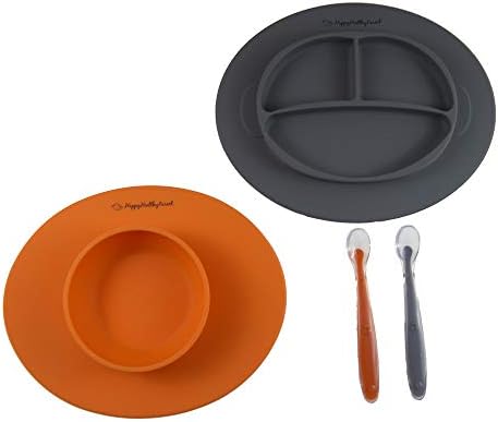 Silicone Bowl and Silicone Plate Easily Wipe Clean! Self Feeding Set Reduces Spills! Spend Less Time Cleaning After Meals with a Baby or Toddler! Set Includes 2 Colors (Orange/Gray)