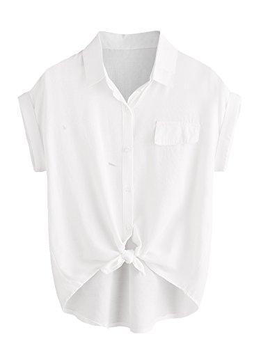 SheIn Women s Plain Lapel Collar Rolled Sleeve Knotted Front Blouse White Medium