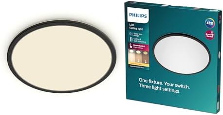 - Luz de teto Philips Superslim, candeeiro de teto LED funcional, cor preta, luz branca quente regulável, 27K - 18W