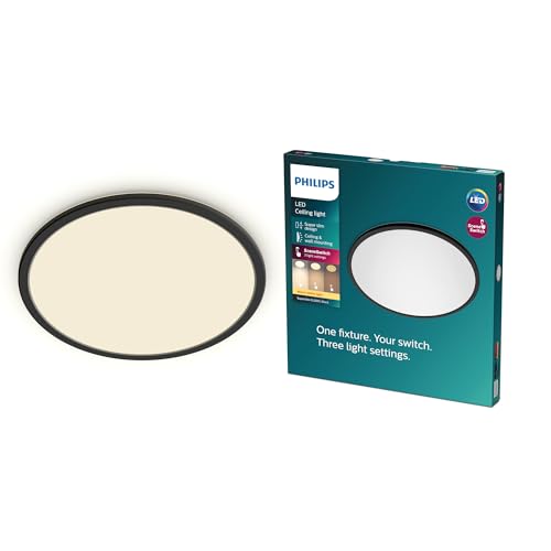 SuperSlim Plafón LED de techo con SceneSwitch (18 W), 3 niveles de brillo, Luz blanca cálida, EyeComfort, negro, 30 cm