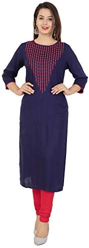 Cottonwalas Women's Rayon Embroidered Straight Kurtis Navy-blue Colour