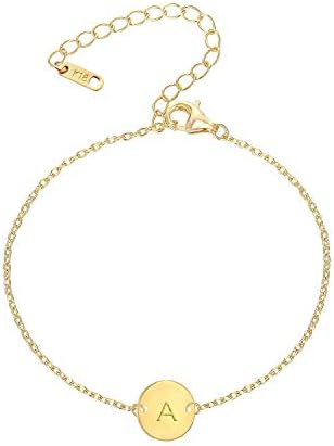 18K Gold Plated Stainless Steel Initial Bracelet Personalized Letter Charm Bracelet Small Dainty Disc Monogram Name Bracelet for Women
