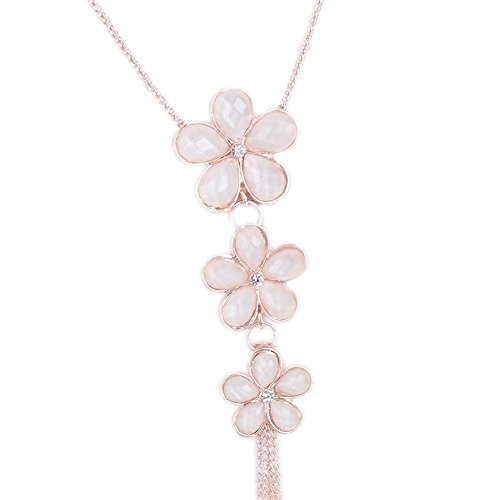 Everrich Fashion Pink Flower Beaded Festoon Lavalier Y Bib Statement Long Sweater Chain Pendant Necklace for Women
